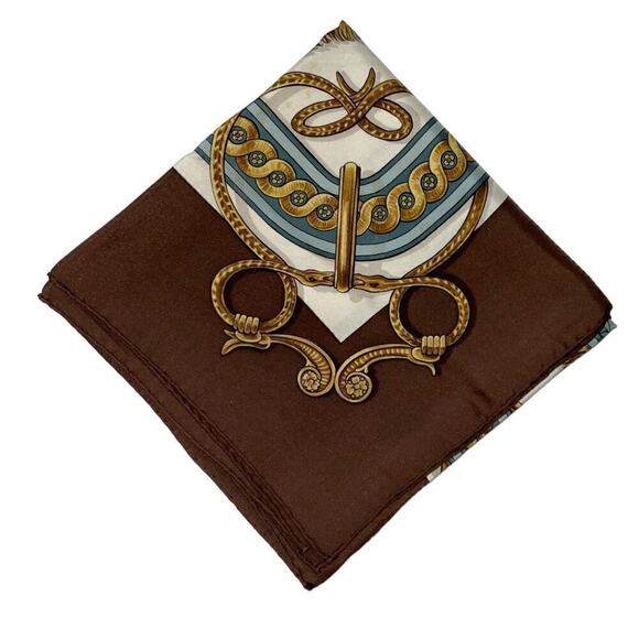 Hermes Bride de Cour Brown, Blue, White, and Gold 100% Silk Scarf 90cm Square - Picture 10 of 16